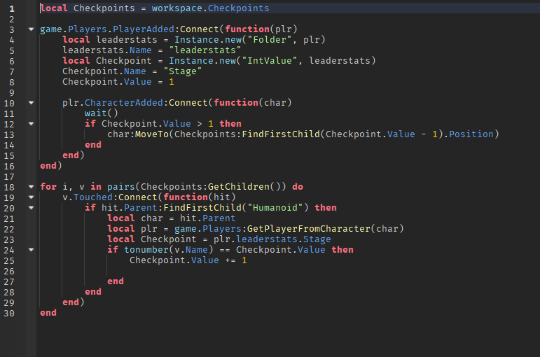Screenshot of a basic checkpoint script